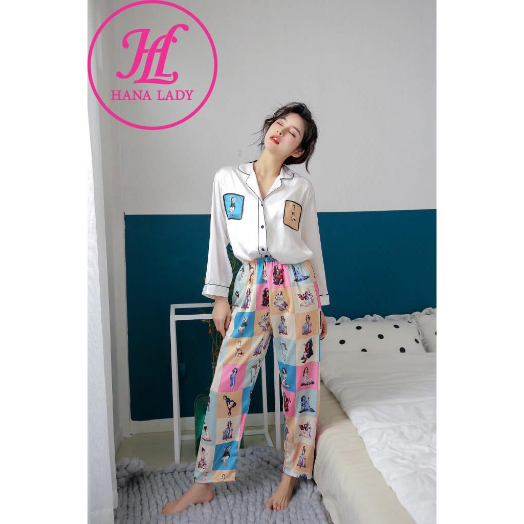 Pijama lụa nữ cao cấp, đồ ngủ mặc nhà họa tiết cô gái sang chảnh chuẩn form dáng cực xinh PJ053