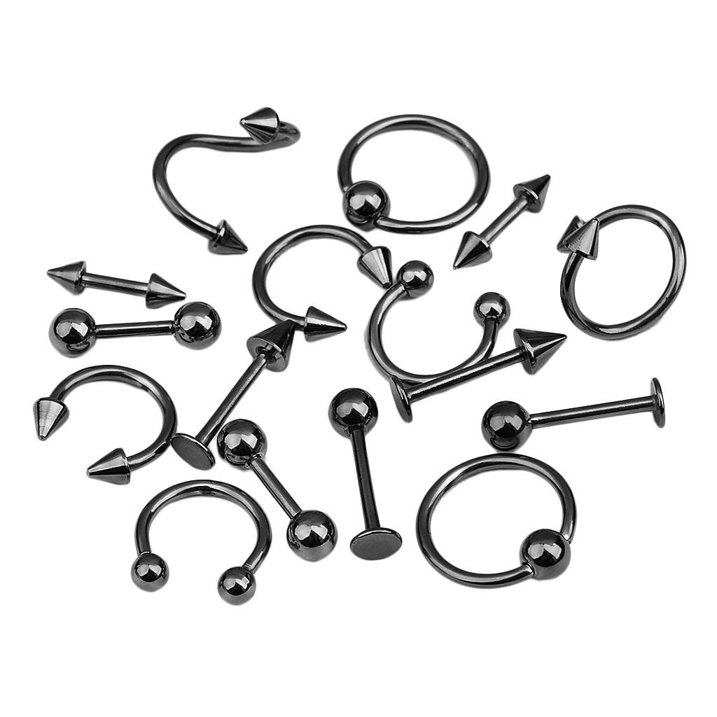 16/Pack Stainless Steel Ear Studs Labret Lip Rings Nose Tongue