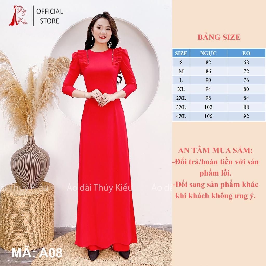 A08 Áo dài lụa Nhật tay bồng xếp ly đính ngọc màu đỏ