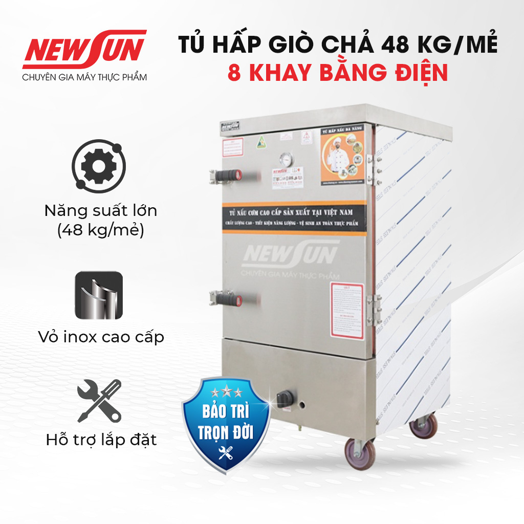 Tủ Hấp Giò Chả,Thực Phẩm 48 Kg/Mẻ Dùng Điện 8 Khay Inox 304 Việt Nam NEWSUN, Năng Suất Cao - Hàng Chính Hãng