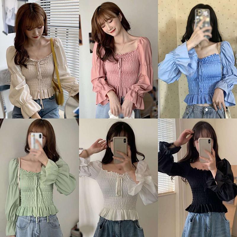 Áo Kiểu Tay Dài Cổ Vuông Thiết Kế Màu Trơn Thanh Lịch