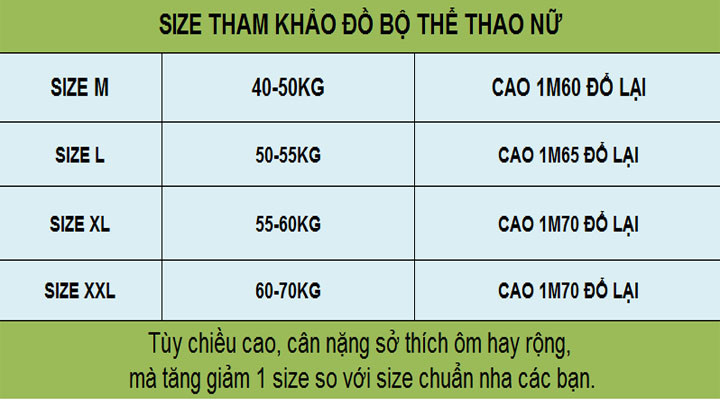 Bảng size bộ đồ thể thao nữ