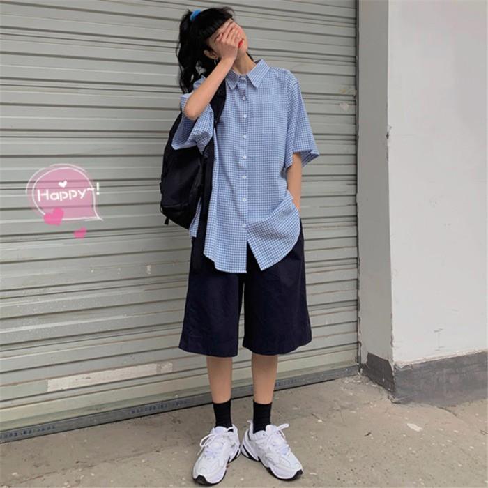 Áo sơ mi nữ cộc tay cổ bẻ kẻ sọc caro xanh form rộng style học sinh cá tính Hàn Quốc