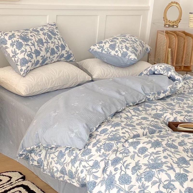Bộ Chăn Ga Gối Cotton living 100%cotton Hàng Nhập Khẩu Cao Cấp 4 Món Hoa Hồng Vintage