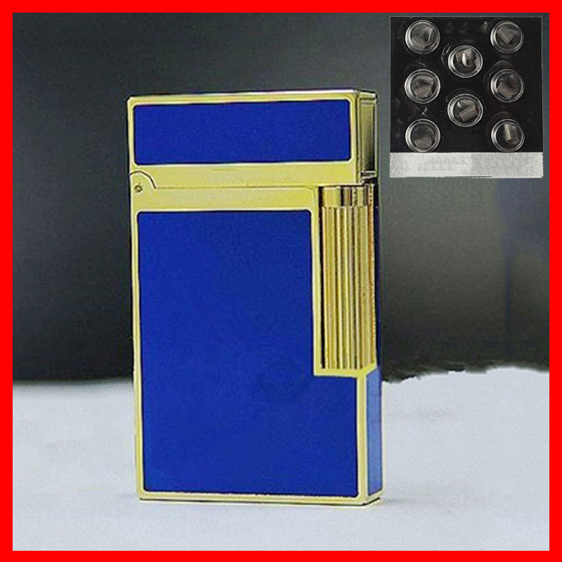 Combo Hộp Quẹt Bật Lửa Gas Đá D37 Sơn Mài Trơn Nền Xanh Viền Vàng  + Tặng Vỉ Đá Chuyên Dụng Cho Bật Lửa