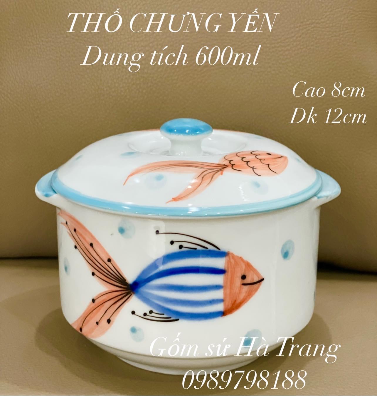 Thố Chưng Yến Gốm Sứ Bát Tràng Cao Cấp Vẽ Tay Hoạ Tiết Cá Dung Tích 600Ml
