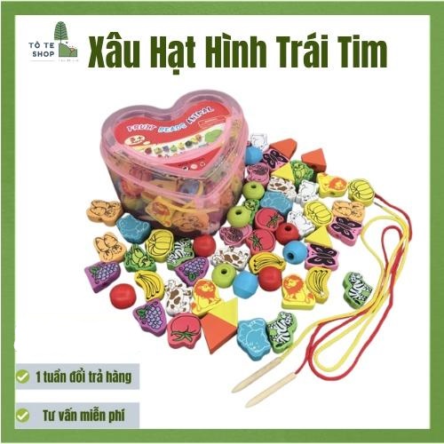 Xâu hạt cho bé - Xâu hạt gỗ hộp hình trái tim 55 chi tiết cho bé