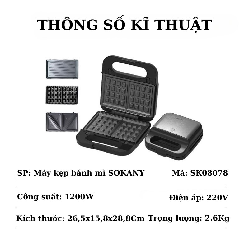 Máy kẹp nướng bánh mì đa năng 3IN1 SOKANY SK-08078 khay chống dính cao cấp dễ dàng vệ sinh, tiện dụng cho mọi gia đình - HÀNG CHÍNH HÃNG