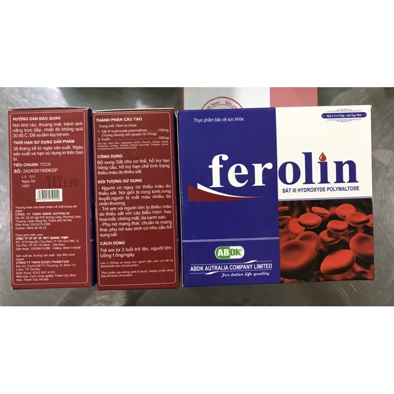 Sắt Dạng Ống Nước FEROLIN - Hộp 20 ống - Bổ sung Sắt và Vitamin B12