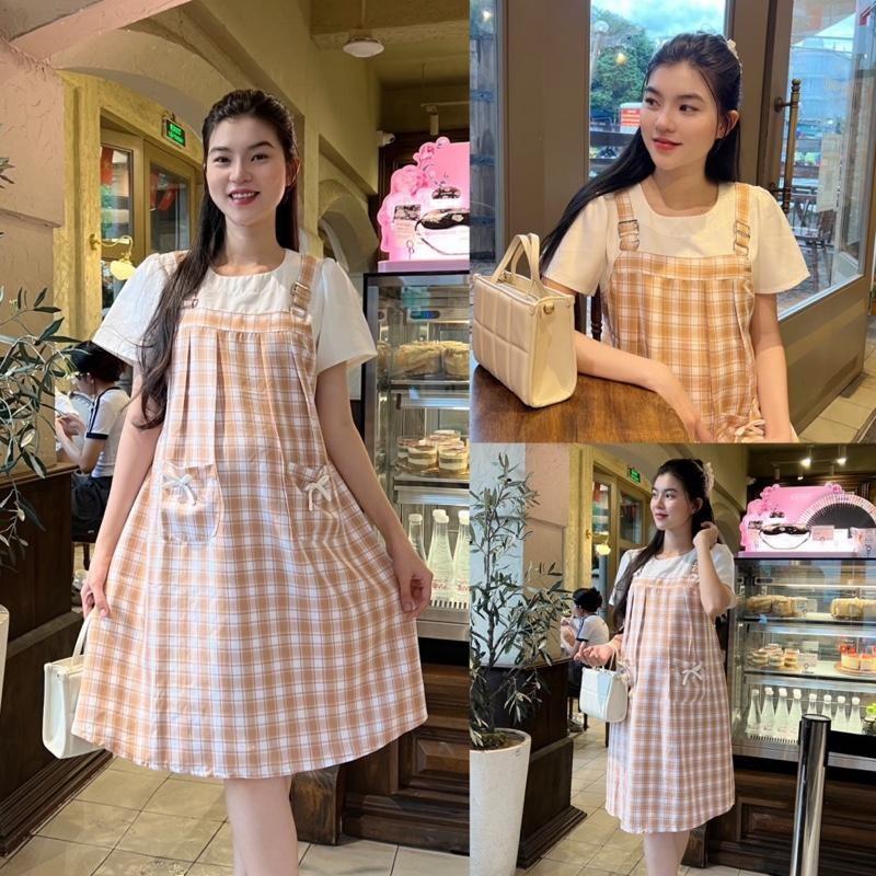Đầm bầu yếm liền Karo phối túi dễ thương, xinh xắn chất cotton lụa Váy Bầu Năng Động - Đen