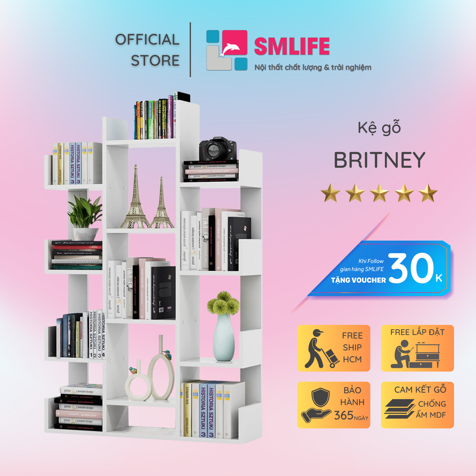 Kệ sách gỗ hiện đại SMLIFE Britney | Gỗ MDF dày 17mm chống ẩm | D100xR30xC150cm