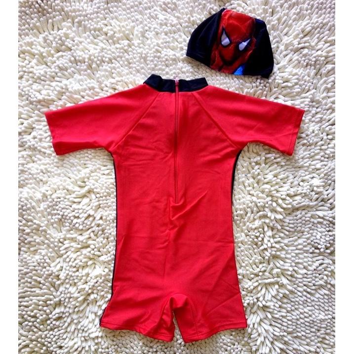 Bộ đồ bơi bé trai người nhện liền mảnh đỏ đen kèm nón