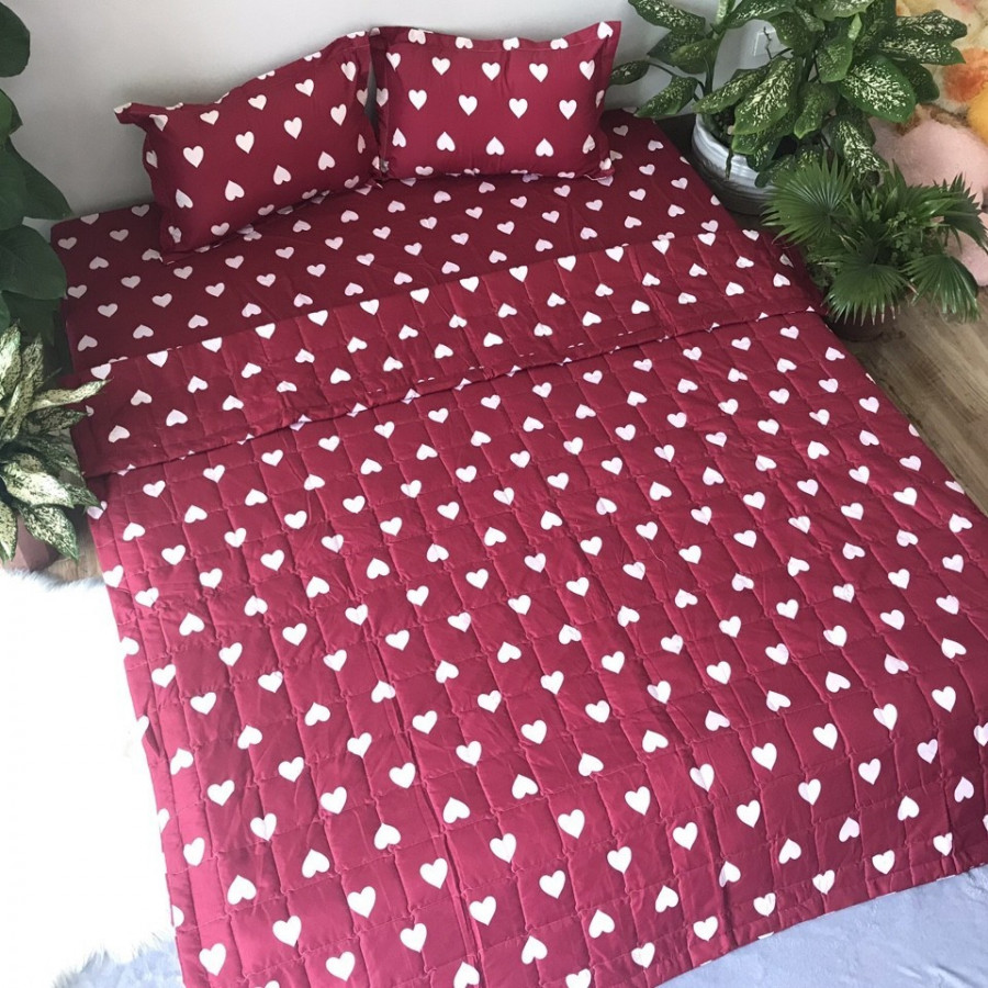 Set 5 món chăn hè ga chun Cotton Poly - Tim Đỏ - Tặng kèm 1 móc khóa Houston