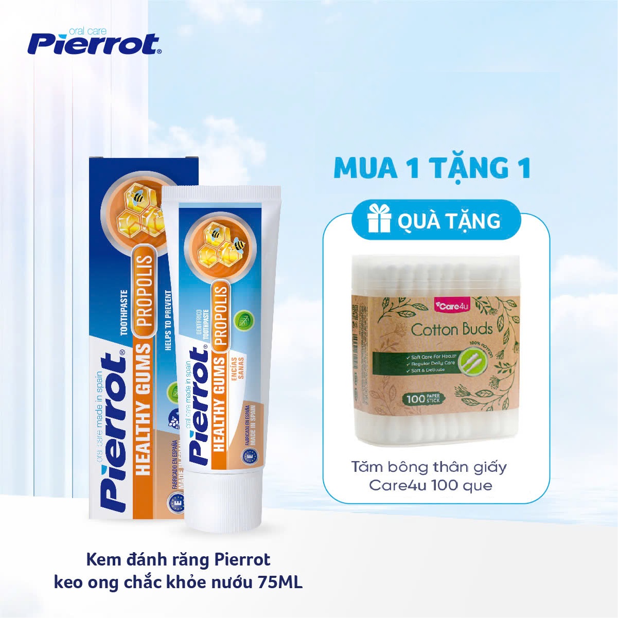 Tặng 1 Hộp Tăm Bông Kem Đánh Răng Chắc Khỏe Nướu Pierrot 75Ml