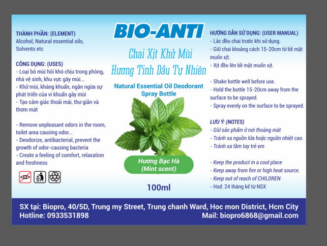 Chai xịt khử mùi diệt khuẩn hương tinh dầu tự nhiên Bio-Anti Chai 100ml Khử mùi phòng, Toilet, Khu vực gây mùi