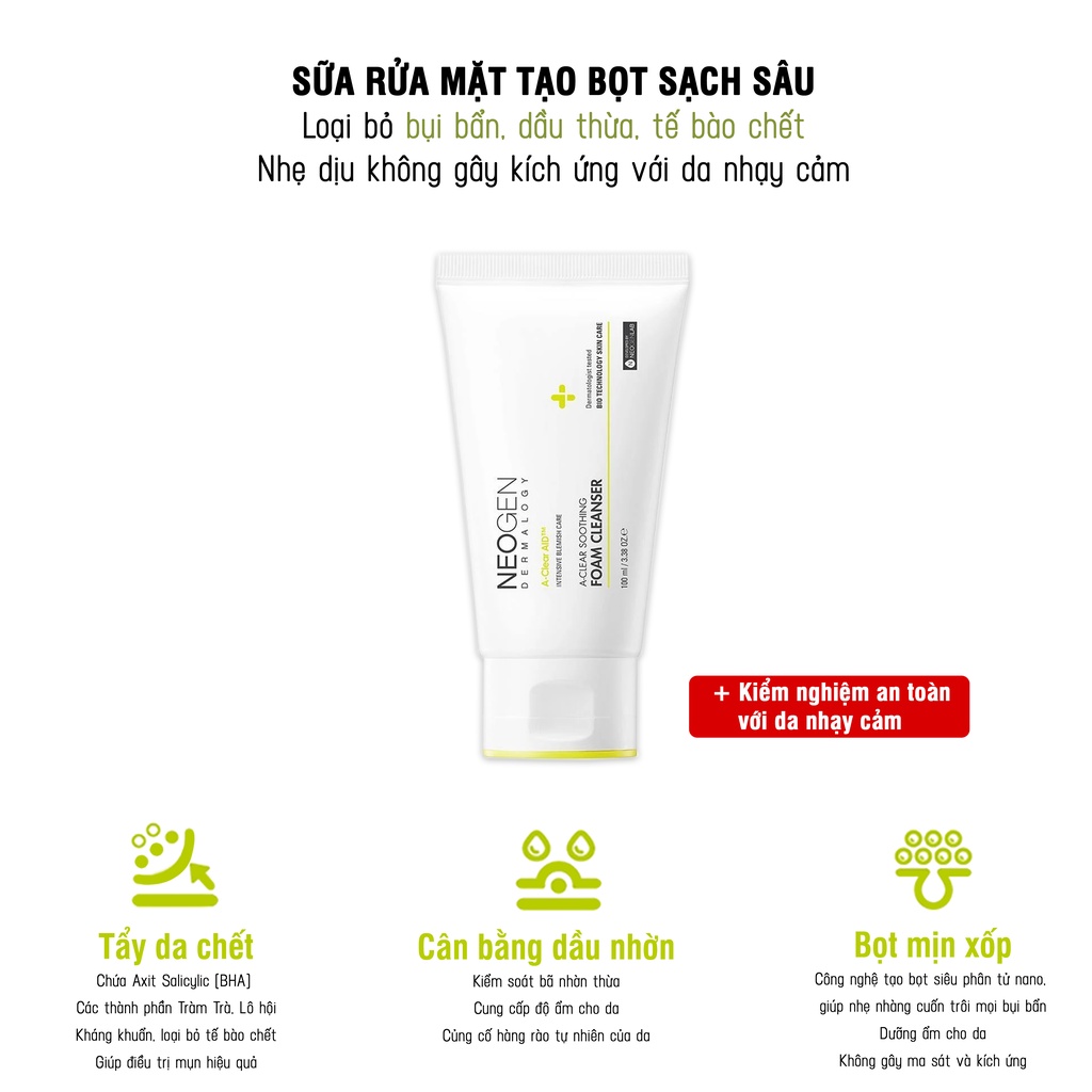 Sữa Rửa Mặt BHA Ngăn Ngừa Mụn và Giảm Nhờn Cho Da Neogen Dermalogy A-Clear Soothing Foam Cleanser 100ml + Tặng Kèm 1 Băng Đô Tai Mèo ( Màu Ngẫu Nhiên)