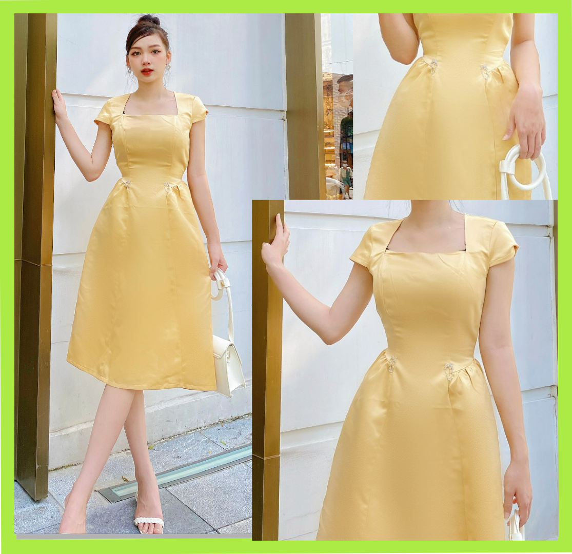 Đầm xòe cổ vuông phối phụ kiện eo dễ thương D056- Lady Fashion