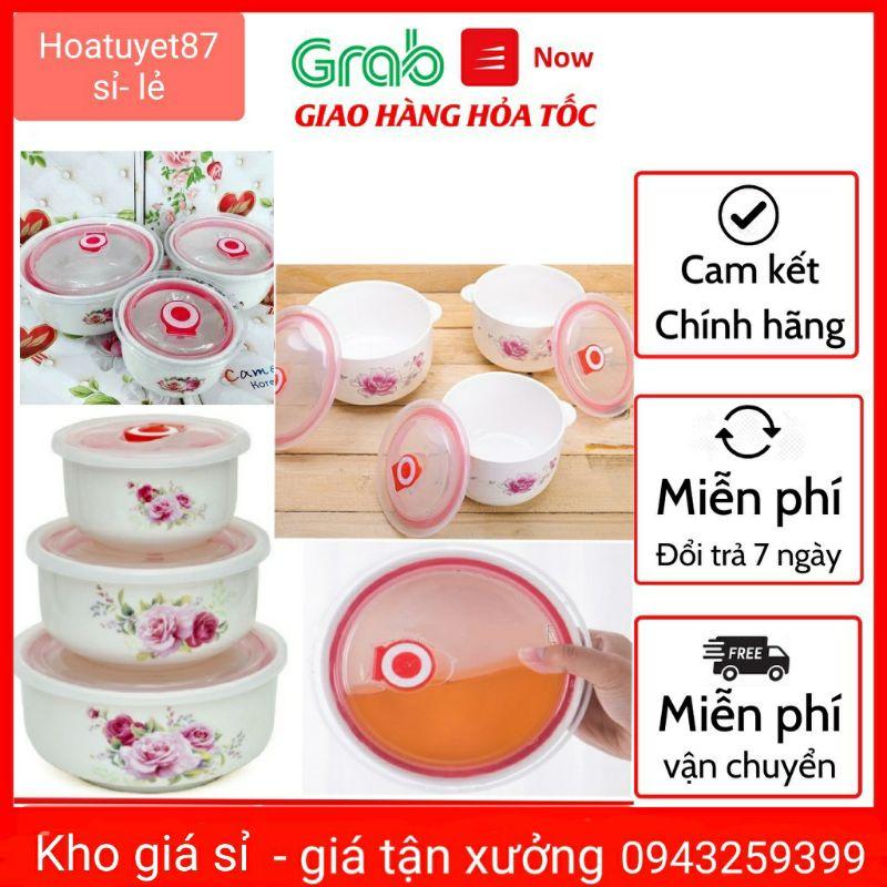Bộ ba bát thố canh tô cơm sứ có nắp hút chân không, quai cầm để lò vi sóng, tủ lạnh chịu nhiệt cao