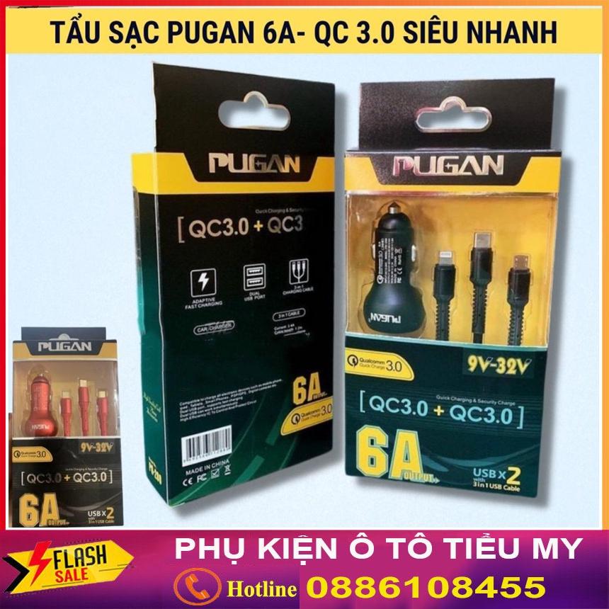 Tẩu sạc nhanh Pugan 6A, Kèm dây sạc 3 đầu, 2 cổng USB 2.1, sạc nhanh điện thoại và thiết bị điện tử, bộ sạc 3in1 cao cấp