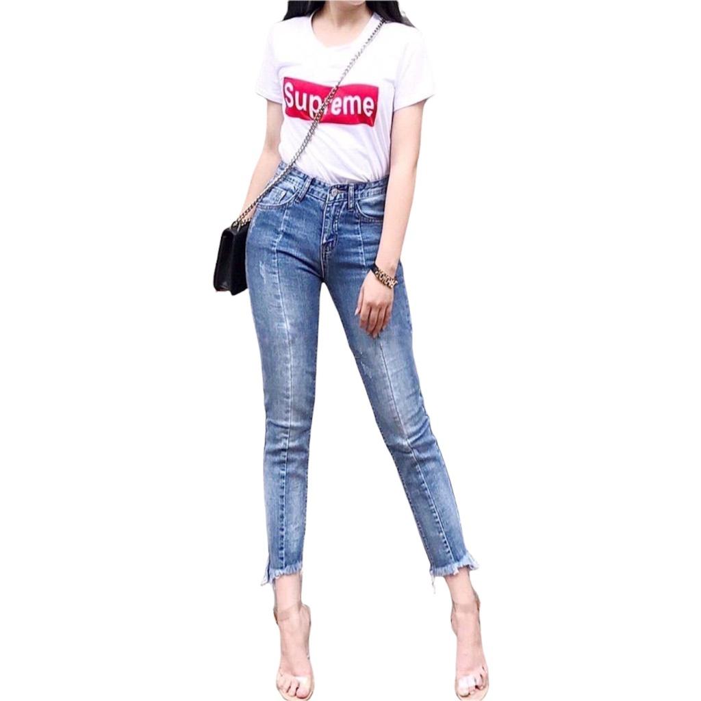 Quần jean 9 tấc Size To phom Baggy/boyfriend co dãn mạnh, lưng cao, kiểu ống ống quần có sọc giữa 4144