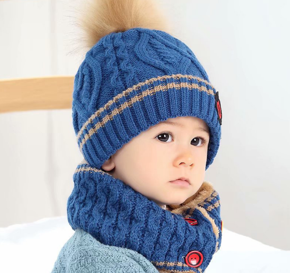 Bộ mũ len quả bông kèm khăn cao cấp trẻ em, sét nón len kèm khăn cho bé trai và bé gái