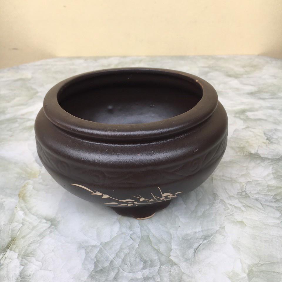 Chậu bonsai Tròn khắc mini đất nung màu đen gốm Bát tràng 1 size BM-131