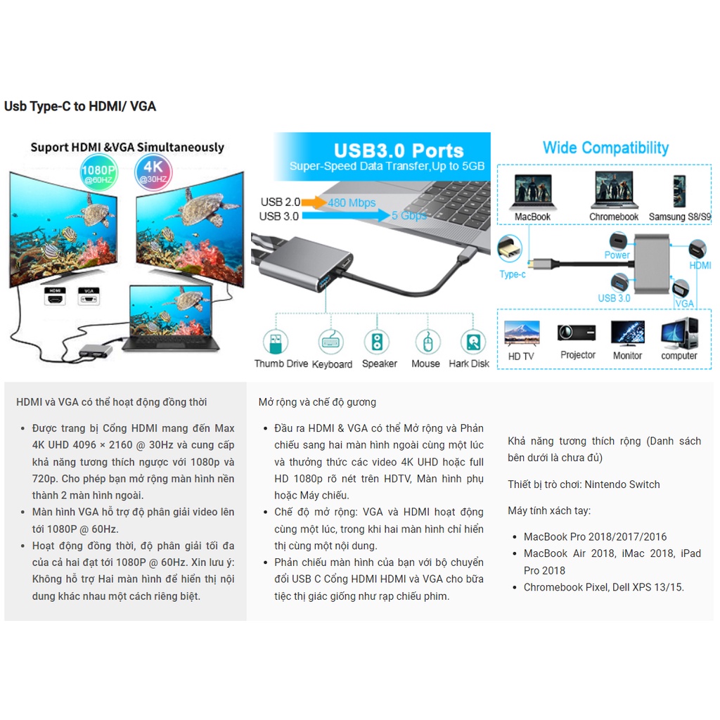 Cáp chuyển Đổi USB Type-c ra 4 cổng HDMI/ VGA/ USB và cổng sạc hỗ trợ chế độ Dex - UHV41160 Hàng Chính Hãng