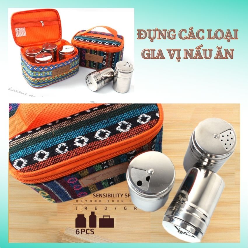Hộp Đựng Gia Vị inox 6 Lọ Gia Vị Dụng Cụ Nhà Bếp Kèm Túi Đựng Tiện Mang Đi Cắm Trại Du Lịch Ngoài Trời VIEORO-18