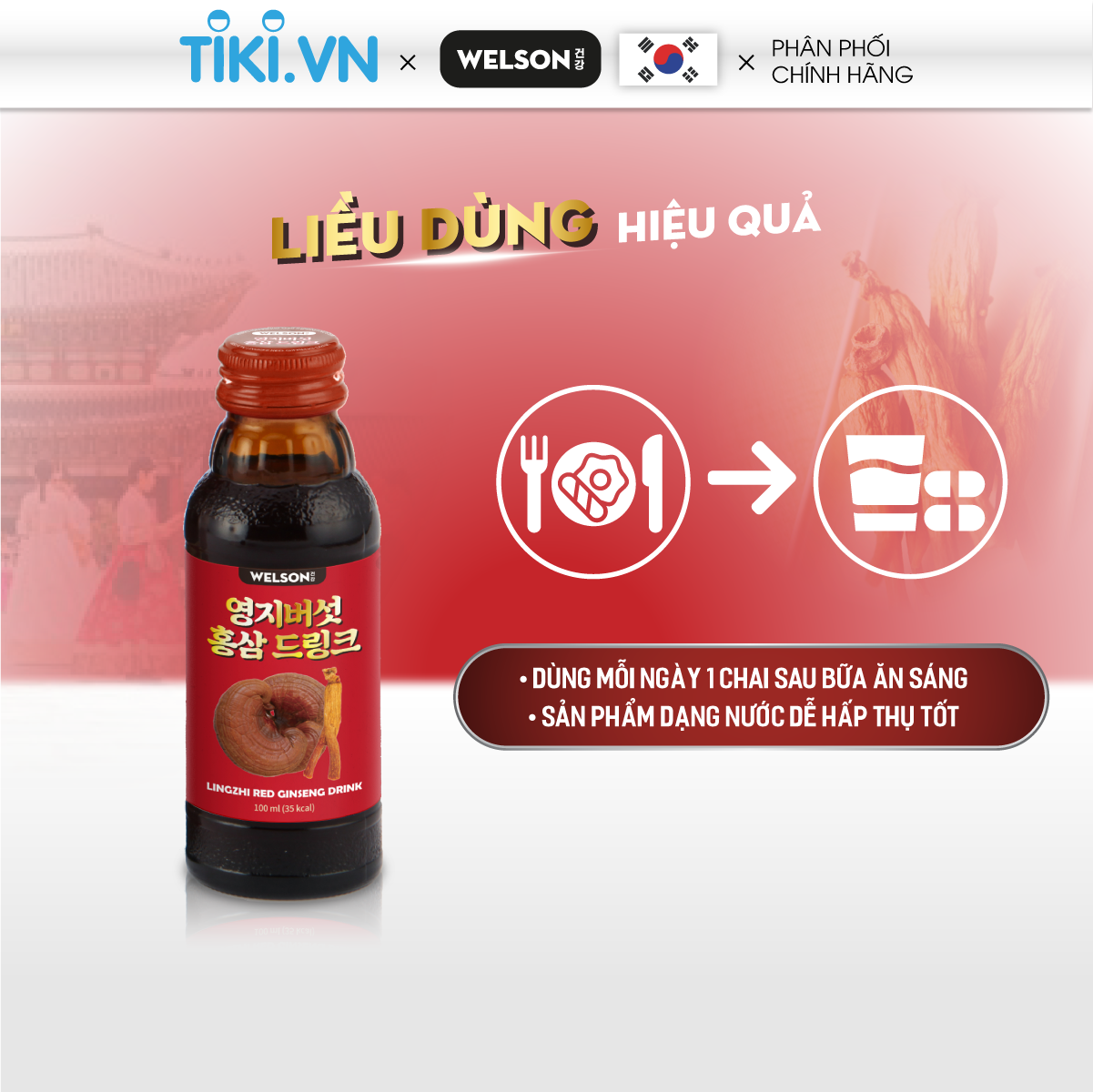 Linh Chi và Hồng Sâm Hàn Quốc Tăng Sức Đề Kháng Welson Lingzhi Red Ginseng hộp 10 chai x 100ml