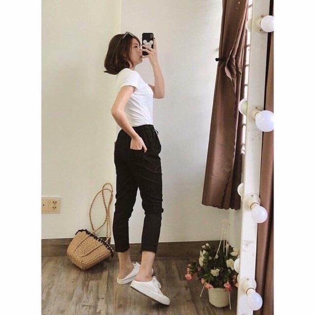 Quần baggy chun đen trắng