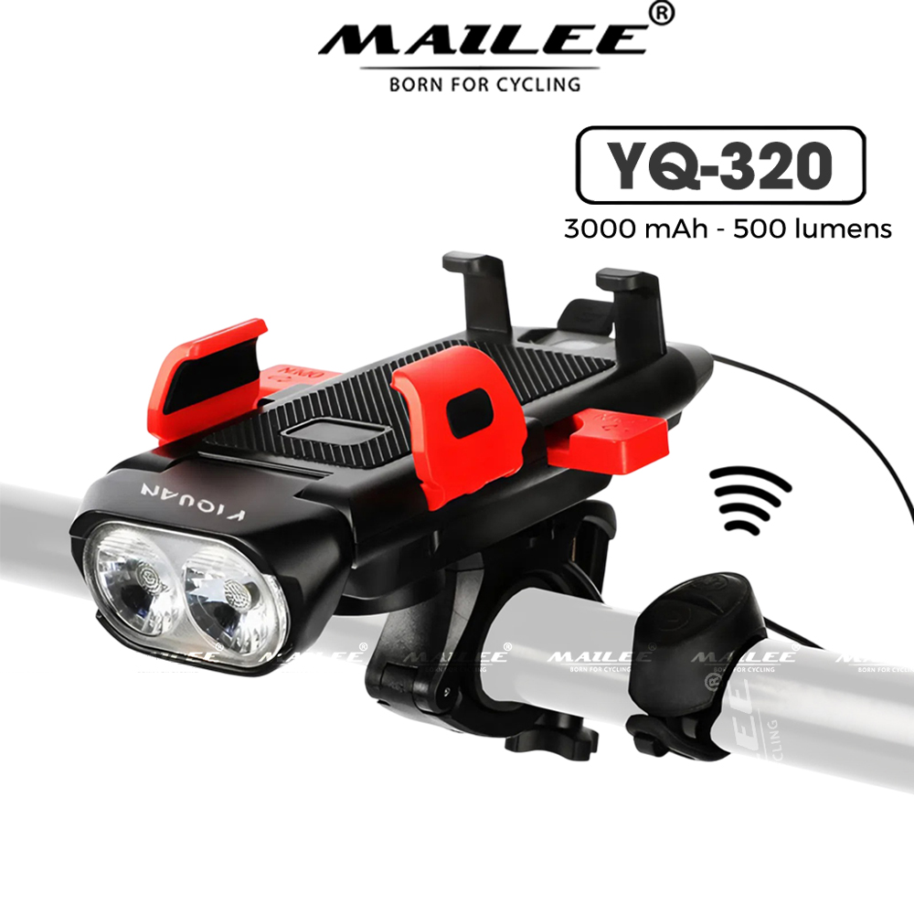 Đèn Còi Xe Đạp Giá Đỡ Điện Thoại 4 in 1 YQ-320 3000 mAh có dây điều khiển riêng còi và đèn, sạc TYPE-C độ sáng 500 lumens thời gian sáng 5-10h, phù hợp màn hình dưới 6.3 inch - Mai Lee