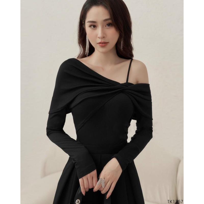 CHENROOM Áo thun tay dài cổ xoắn lệch vai Yei shirt, Áo xinh dự tiệc nhà Chen