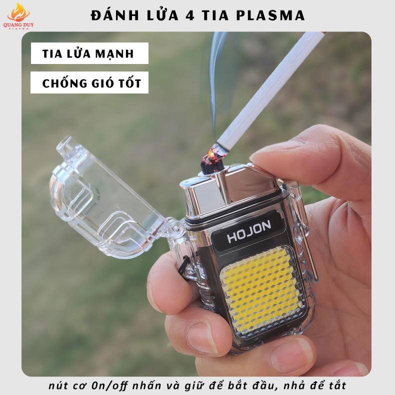 Hộp quẹt điện chống nước tích hợp đèn pin tiện lợi, đánh lửa 4 tia plasma chống gió độc lạ