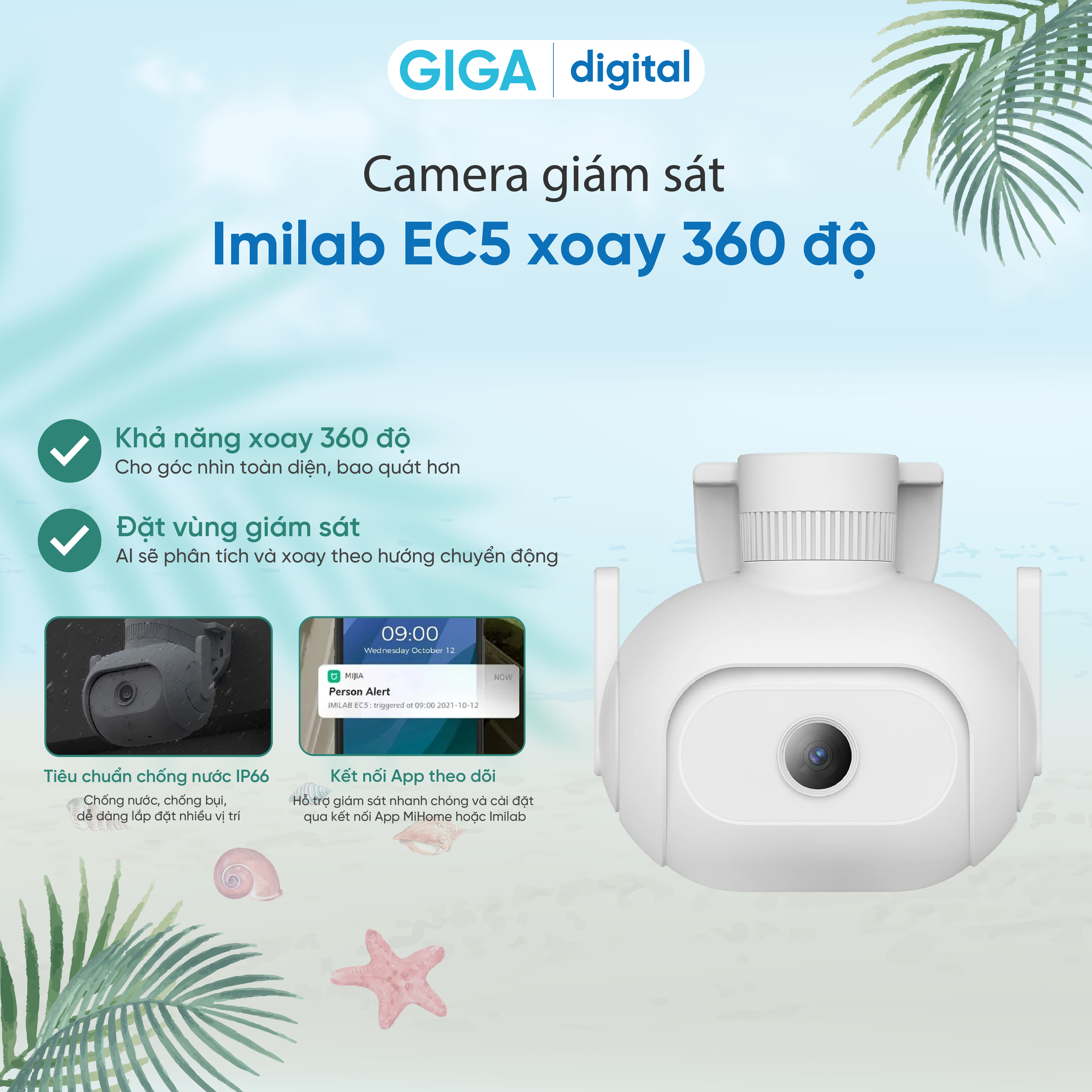 Camera giám sát Imilab EC5 xoay 360 độ, nhìn xuyên đêm, kết nối app Mihome - Camera giám sát ngoài trời - Hàng nhập khẩu