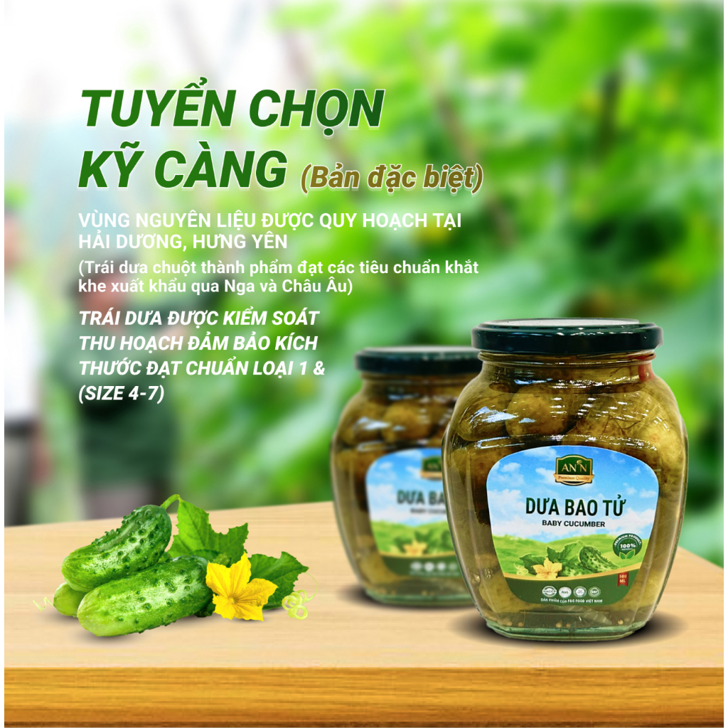 Dưa Chuột Bao Tử Ngâm F&amp;G Food Size Đặc Biệt 4-7, Hũ 500ml Ăn Kèm Thịt Nướng, Làm Gỏi Trộn