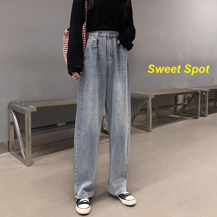 Quần jeans nữ cạp cao ống rộng hack dáng tùy chỉnh eo