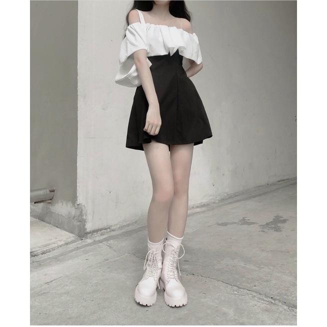 Váy bẹt vai bèo ngực trắng.