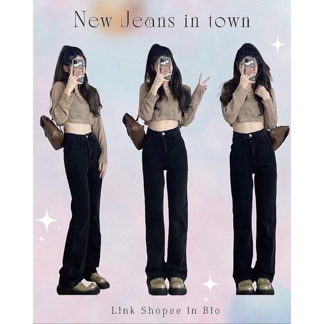 Quần Jean nữ ống suông lưng cao chất dày dặn co giãn thoải mái phom tôn dáng chiều dài 95cm