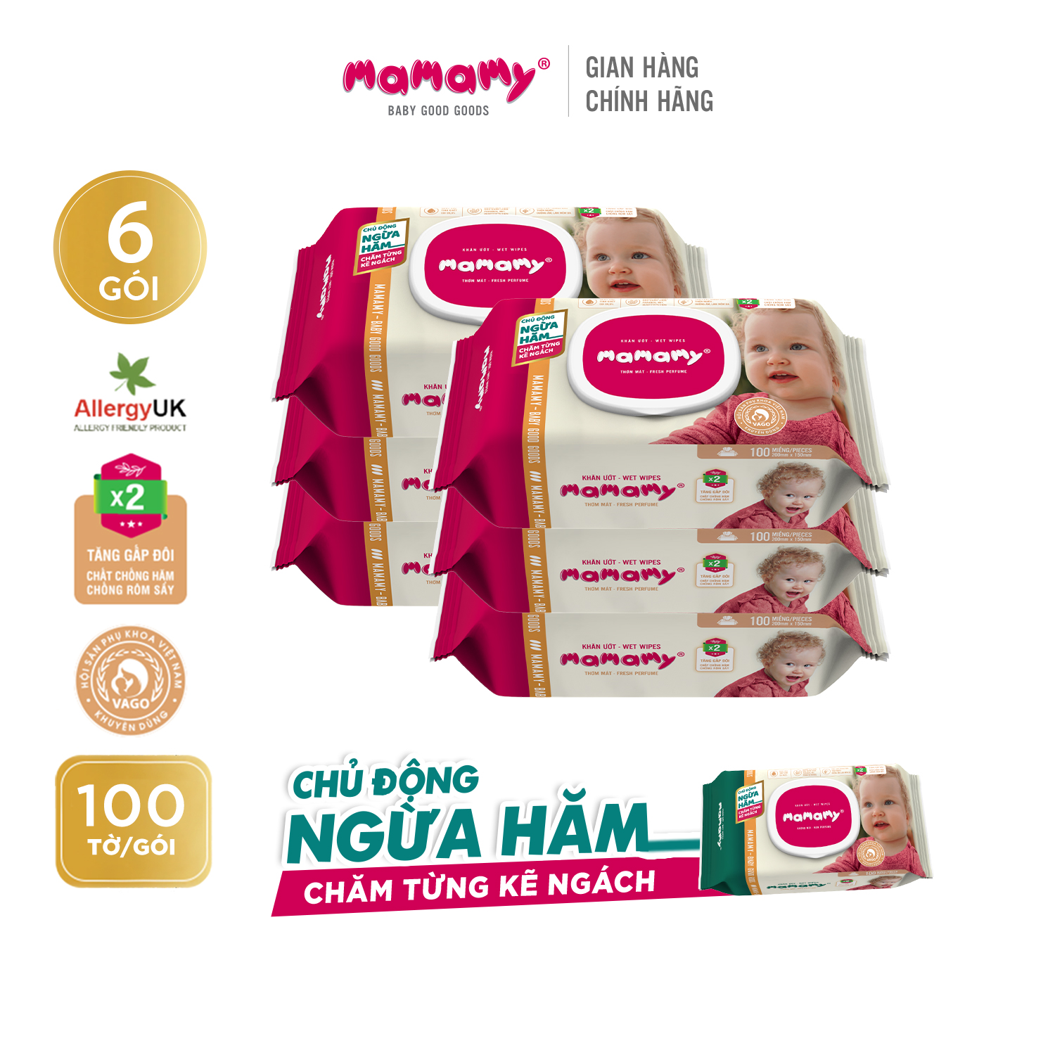 Combo 6 Gói Khăn Giấy Ướt Mamamy 100 Tờ Có Mùi (100 Tờ x 6 Gói)