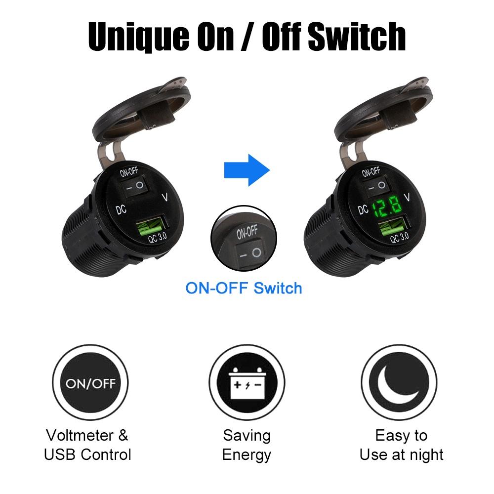 Củ sạc nhanh QC 3.0 12-24V chống thấm nước kèm công tắc USB chuyên dụng cho xe hơi/ xe máy/ tàu thuyền