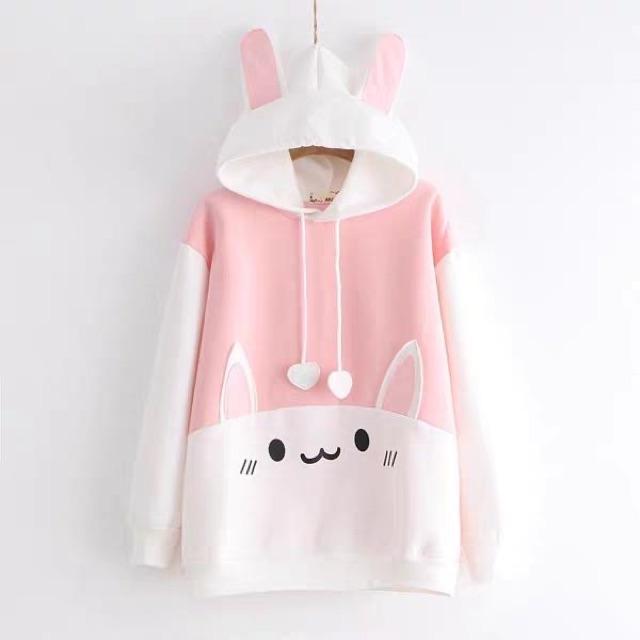 Áo hoodie nỉ lót bông nón có tai thỏ dài kute cho nữ || Hany Shop