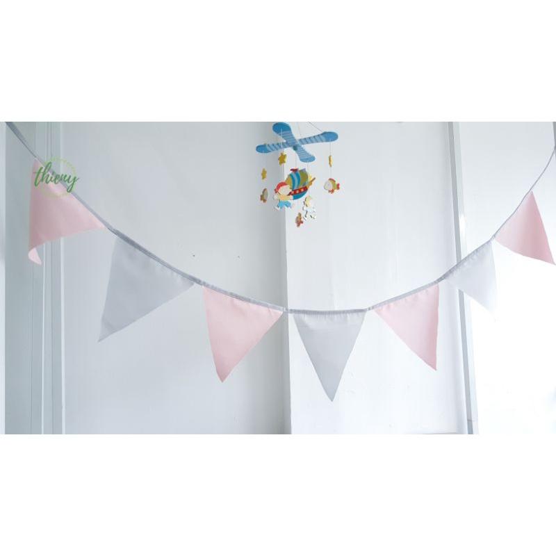 Dây cờ tam giác vải màu pastel ghi hồng, xịn may đẹp, dài 2,2m, Dây cờ trang trí Decor Sinh nhật, Lều vải Thiên Ý