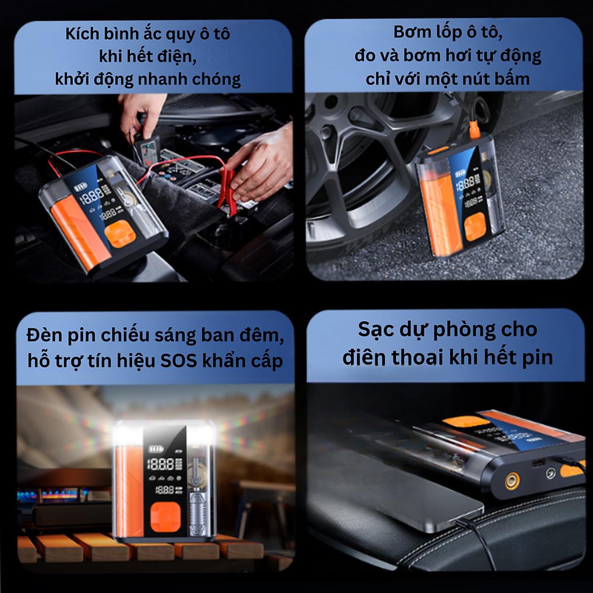 Bơm Lốp Ô Tô Kiêm Kích Bình Ắc Quy Roadman 8800mAh – Bơm Hơi Ô Tô Xe Máy, Cứu Hộ Khẩn Cấp, Sạc Pin USB, Màn Hình LED
