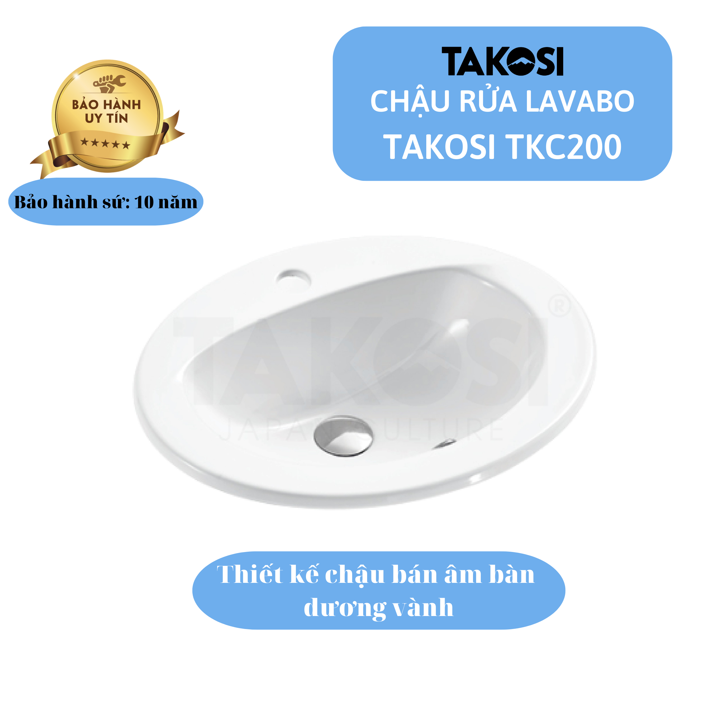 Chậu Lavabo, Chậu Rửa Mặt Phòng Tắm Takosi TKC200 Bán Âm Bàn Dương Vành Dùng Gia Đình, Khách Sạn - Hàng Chính Hãng Bảo Hành 10 Năm