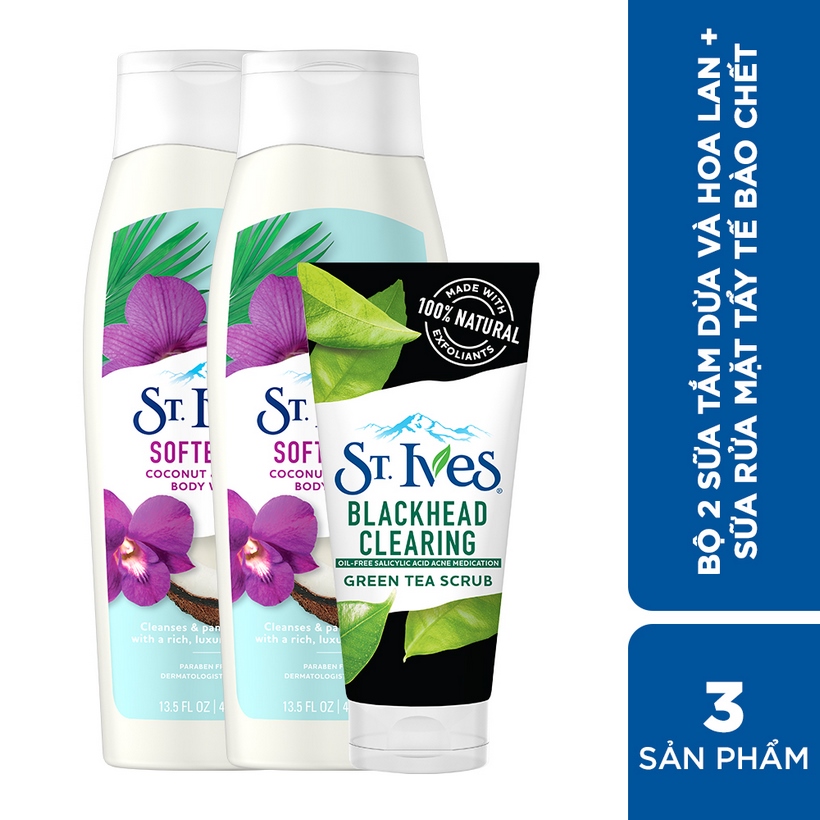 Bộ 2 sữa tắm St.Ives Dừa và Hoa Lan (400ml x 2) + Sữa rửa mặt tẩy tế bào da chết ngừa mụn St.Ives Trà Xanh 170g