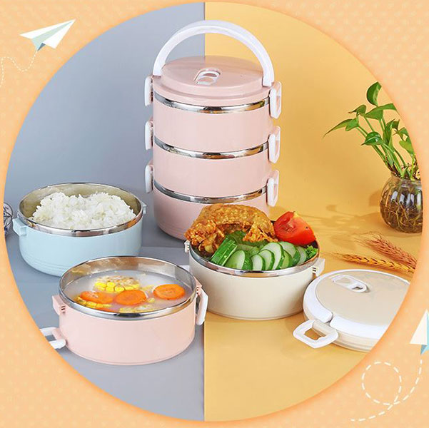 Hộp Cơm Giữ Nhiệt Inox 304 3 Tầng Tròn 2 Lớp Chống Gỉ Và Tràn Đổ