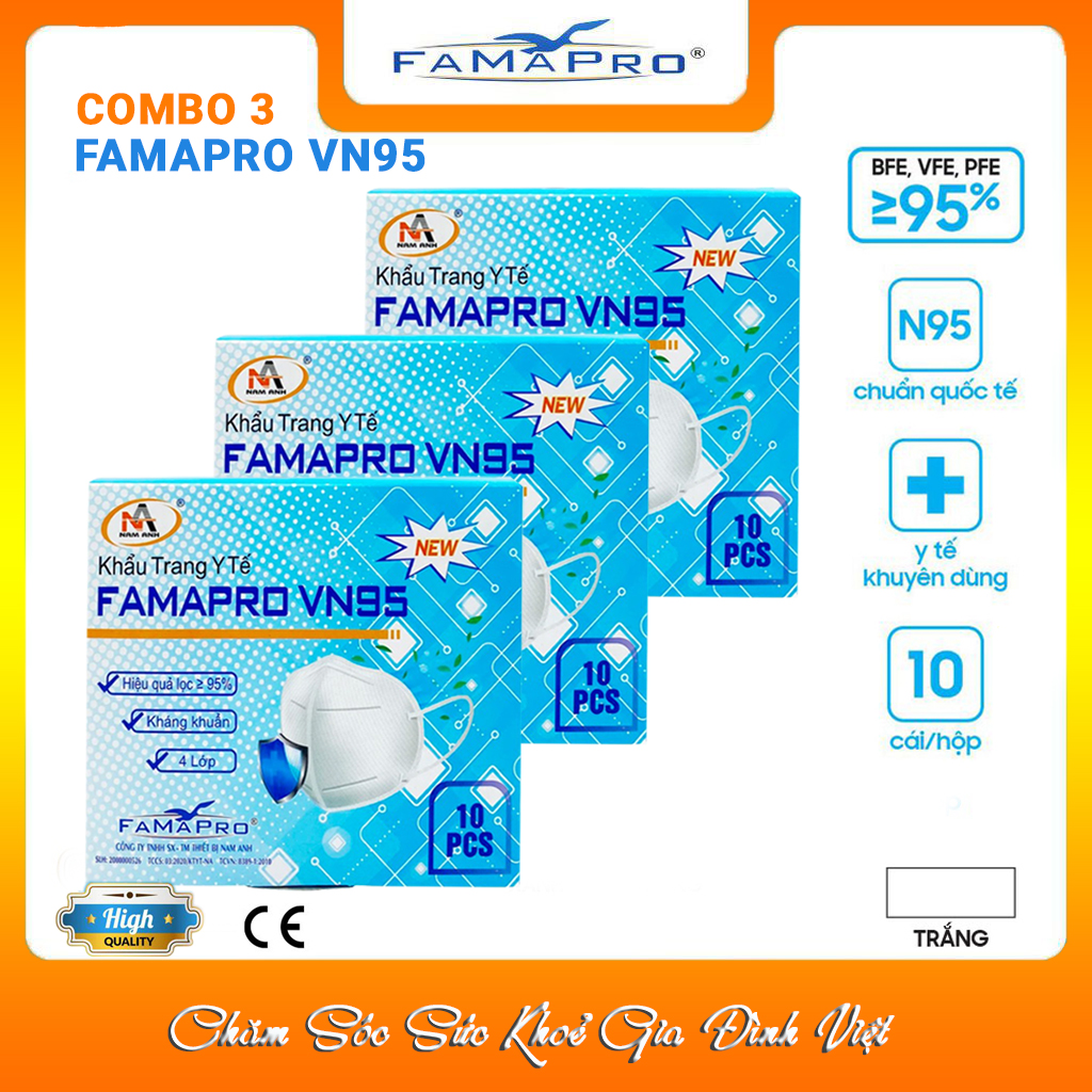 [[COMBO Ưu Đãi 3 Hộp]] - Khẩu Trang Y Tế Cao Cấp FAMAPRO V95 - 4 Lớp Kháng Khuẩn / 95% Lọc Khuẩn, Bụi, Virus Tốt Nhất / Người Lớn - [ CHÍNH HÃNG MỚI 10 Cái/Hộp ]