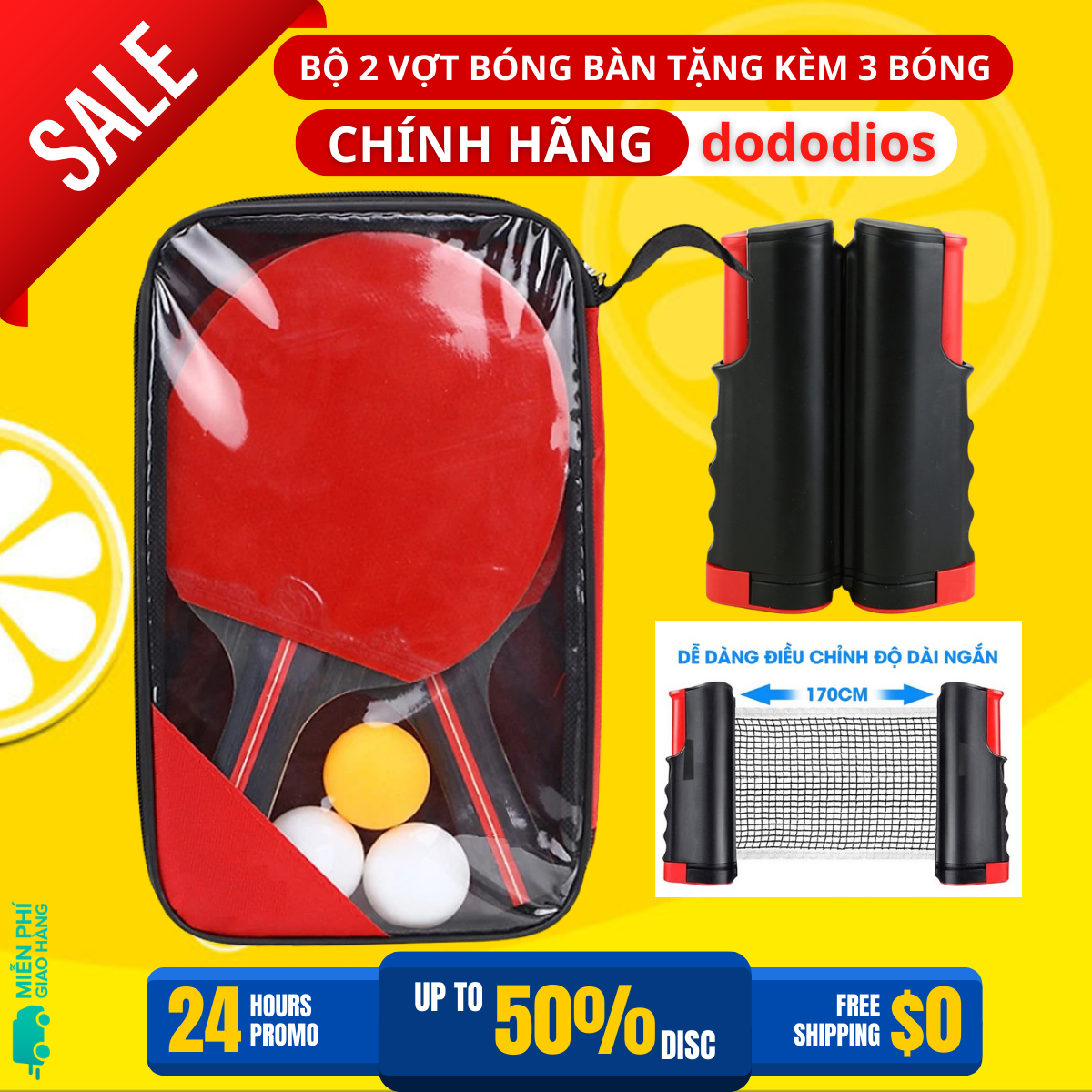 Bộ 2 vợt bóng bàn tặng kèm 3 bóng, cọc lưới rút chính hãng dododios GF005TS + Trụ Lưới Bóng Bàn Rút Gọn Chính Hãng dododios Chất Liệu ABS Cao Cấp Chiều Dài Điều Chỉnh Tới 1,7m Vừa Bàn Bóng Bàn