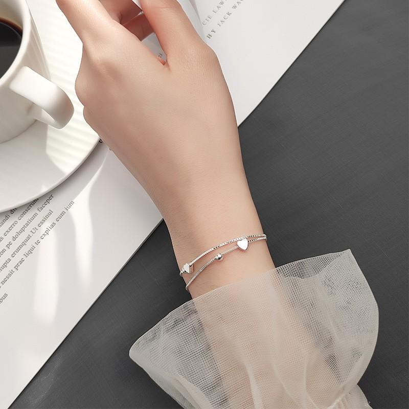 Lắc Tay Bạc Italy Dáng Kép Đính Tim Xinh Xắn L2614 - Bảo Ngọc Jewelry