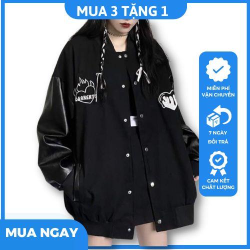 Áo khoác bomber tim lửa phối tay da phom rộng nam nữa mặc đều đẹp